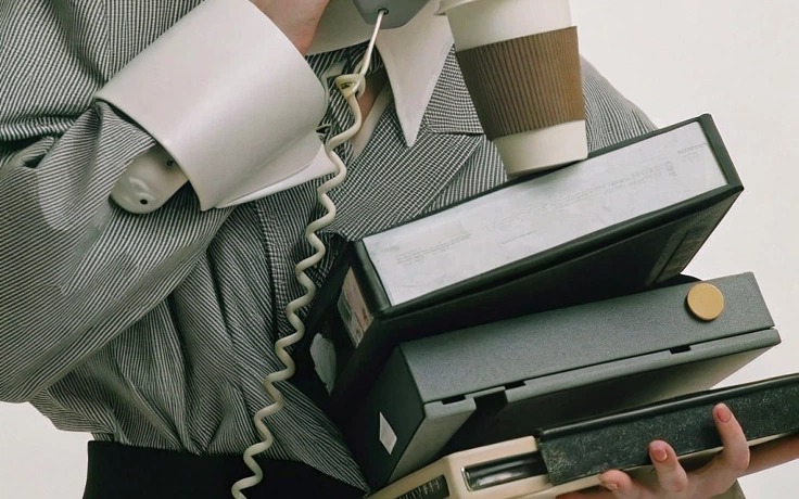 Moodbeeld: telefoon, koffie en stapel mappen
