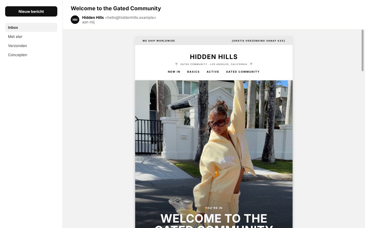 Welkomstmail van Hidden Hills op een MacBook